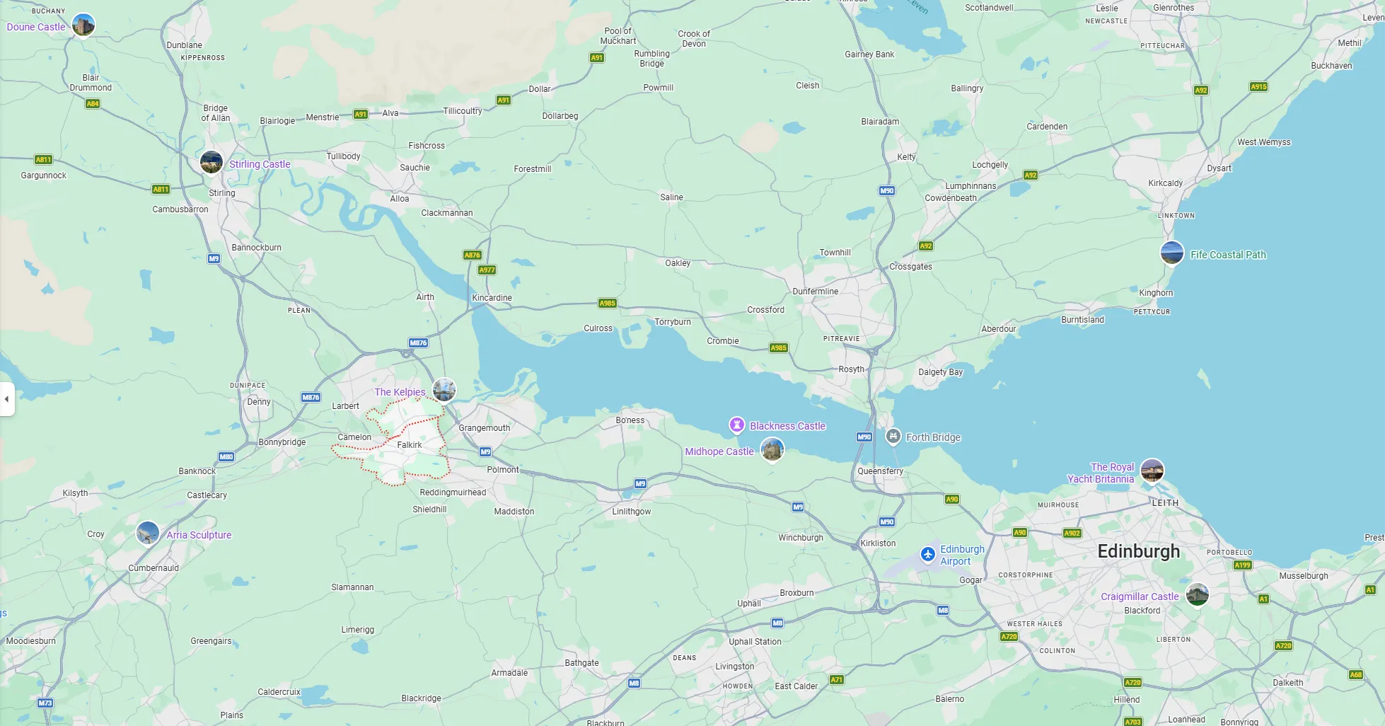 Map showing our roof repair coverage across Central Scotland and Fife, Stirling, Alloa, Falkirk, Dunfermline, Kirkcaldy and Glenrothes
